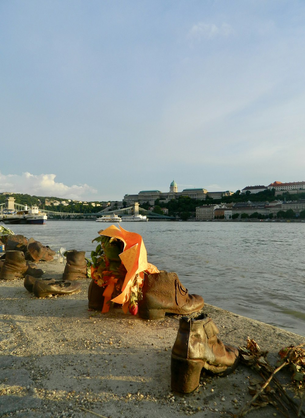 a group of objects next to a body of water