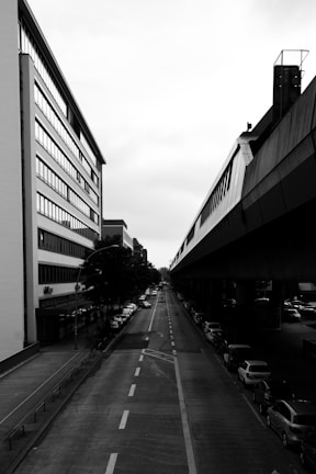 A black and white image of a classic Denver street scene.