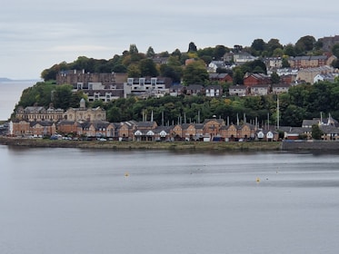 A coastal town is depicted with a row of houses and buildings along the shore, backed by lush green trees and a densely packed residential area on a hillside. The buildings include historical structures and modern architecture. The water is calm and has several buoys floating on it.