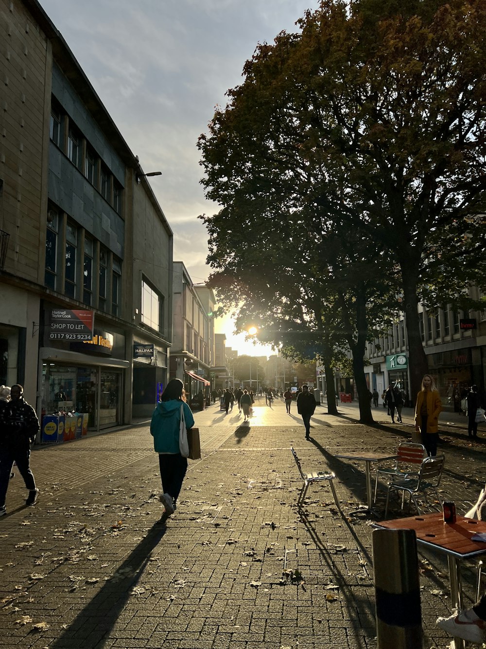 a group of people walking on a street with buildings and trees