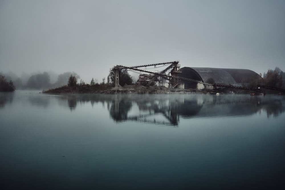 a crane on a lake