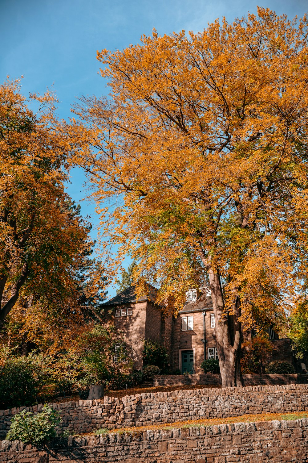 a brick building with trees around it