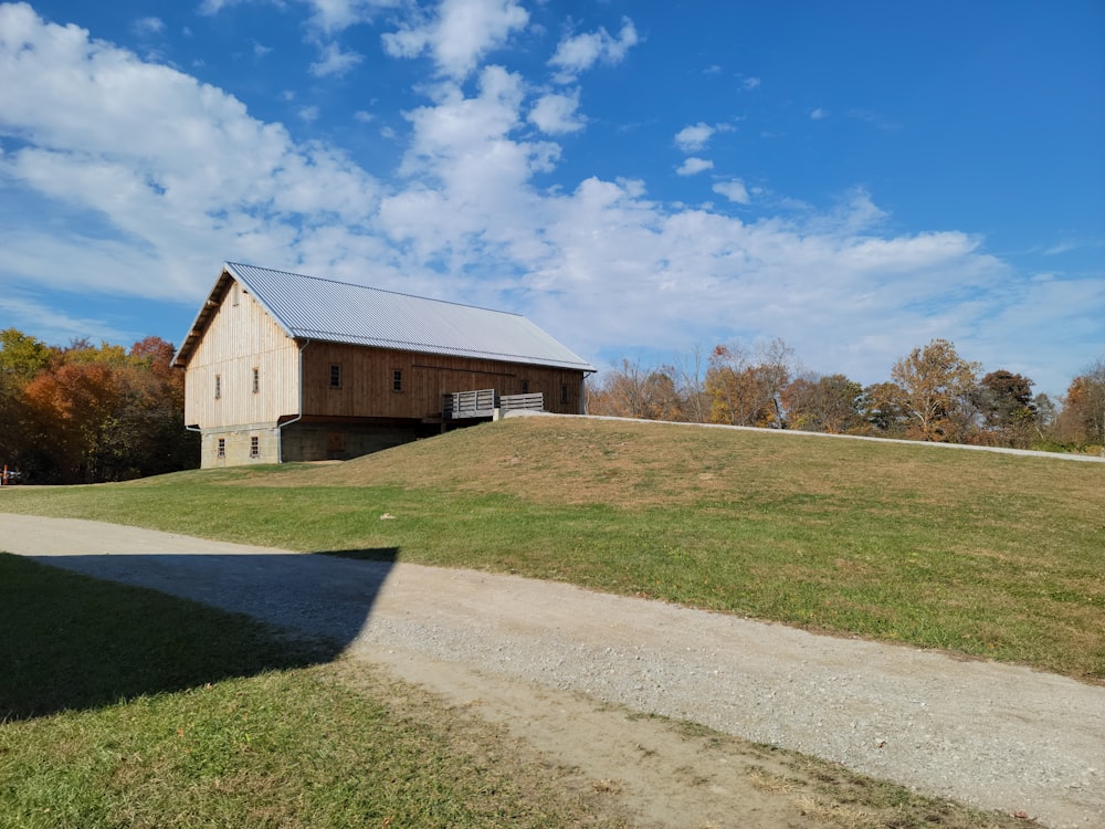 a building with a grass field