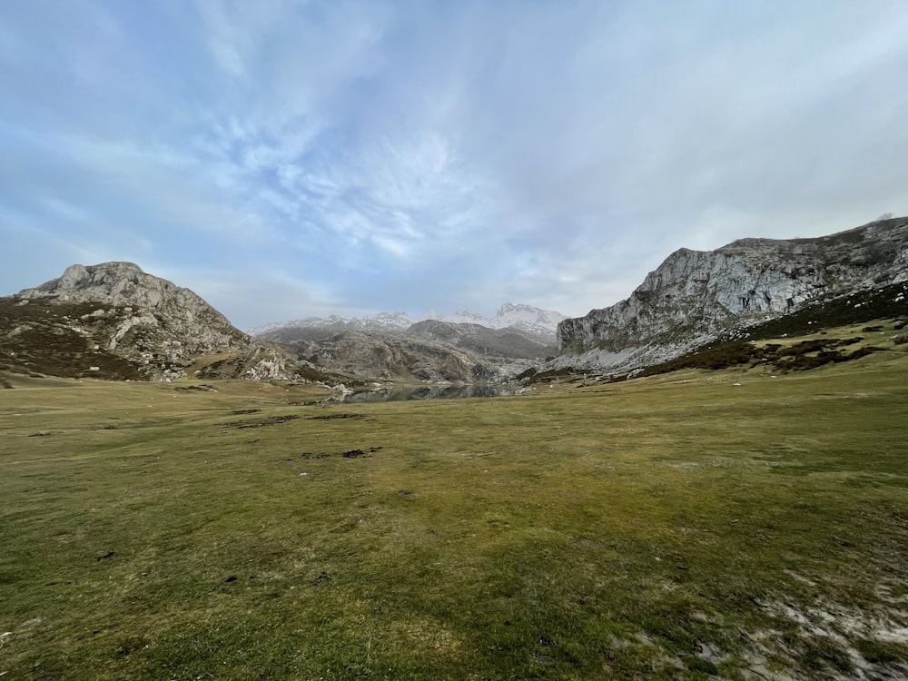 a grassy field with mountains in the background