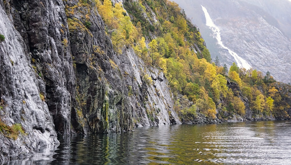 a body of water with a rocky cliff and trees on the side