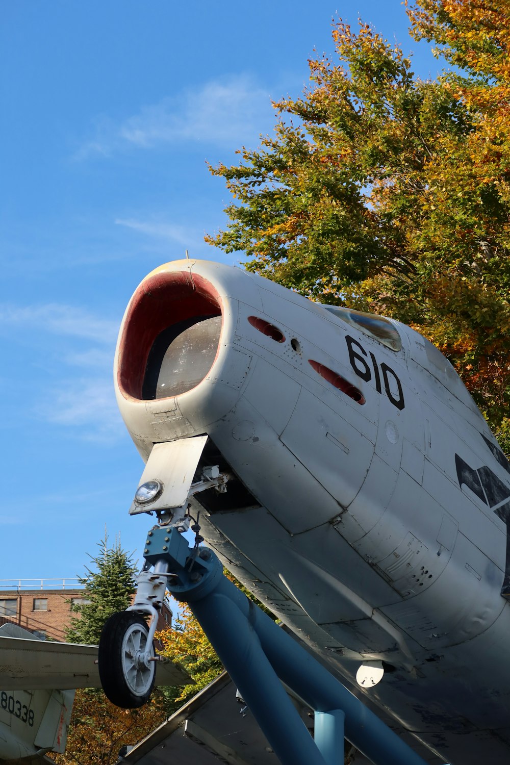 a large airplane on a stand