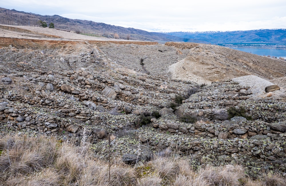 a rocky area with a body of water in the background