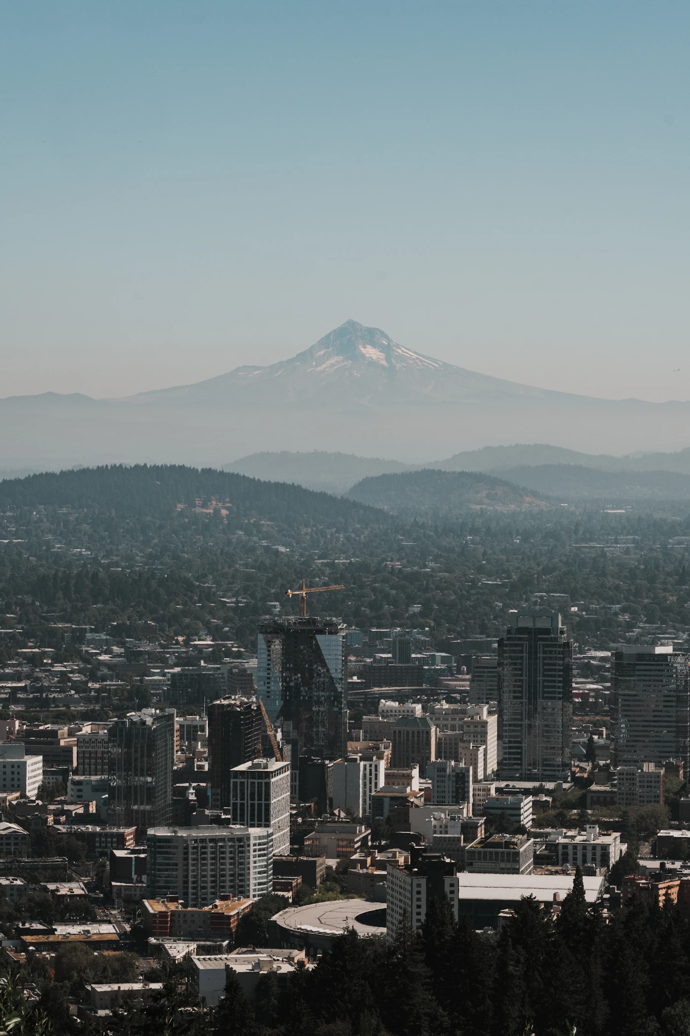 Portland Oregon skyline and Mount Hood aerial view