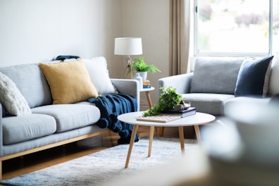 A cozy living room setup with two gray sofas adorned with a variety of cushions, including a mustard yellow one. A small round wooden coffee table sits between the sofas, topped with a plant, books, and decorative items. Soft natural light filters through a large window, illuminating the room and highlighting the sleek design of the furniture. A lamp and a potted plant add a touch of greenery to the space.