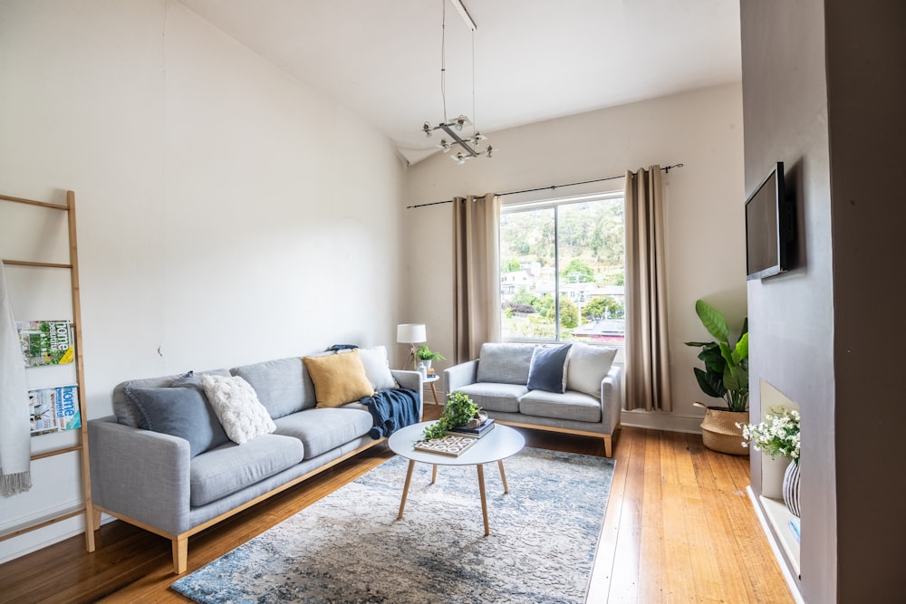 a living room with a couch and a coffee table