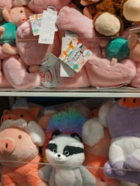 A variety of plush toys are arranged on shelves, including a prominent raccoon with a rainbow tuft, several pink pigs, and other stuffed animals. The toys have attached tags with printed text and designs.