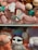 A variety of plush toys are arranged on shelves, including a prominent raccoon with a rainbow tuft, several pink pigs, and other stuffed animals. The toys have attached tags with printed text and designs.