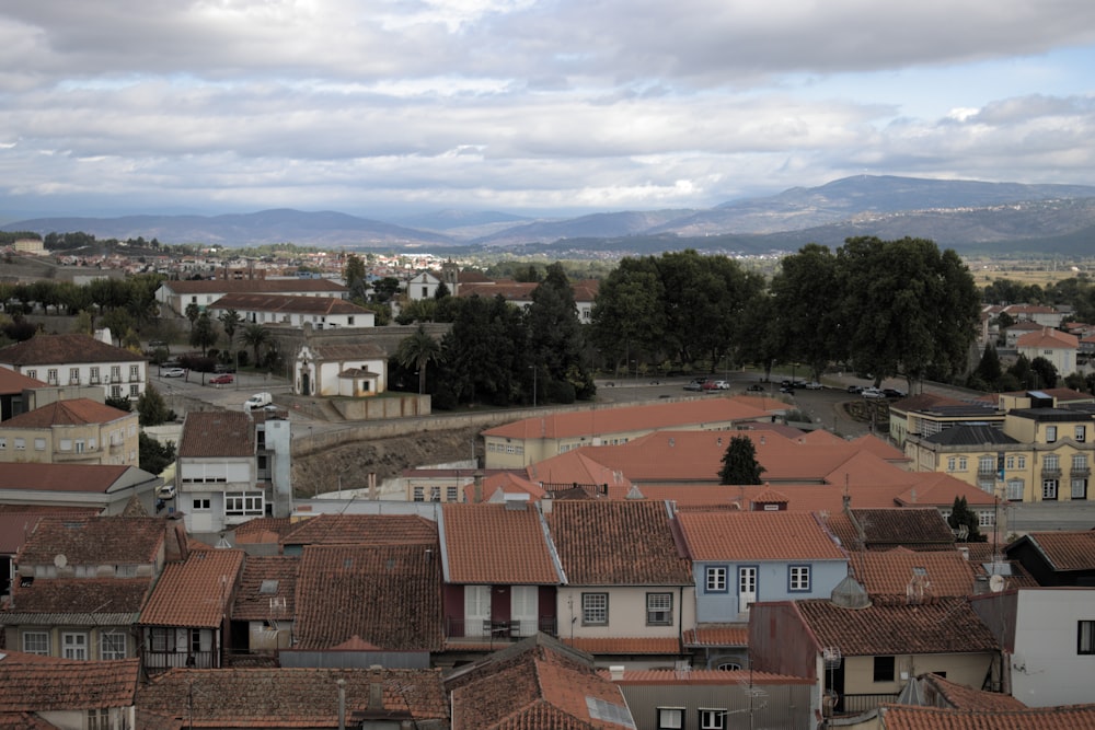 a group of houses with trees in the background