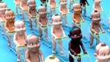 Babies with animated features are standing in a grid formation, each pushing a small shopping cart. The background is blue, creating a vibrant and playful atmosphere.