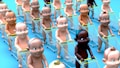 Babies with animated features are standing in a grid formation, each pushing a small shopping cart. The background is blue, creating a vibrant and playful atmosphere.