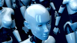 A group of glossy white humanoid robots against a dark blue background