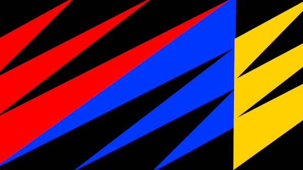 A graphic design composed of sharp, geometric shapes in vivid colors. Red, blue, and yellow triangles are layered over a black background, creating a dynamic and abstract pattern.