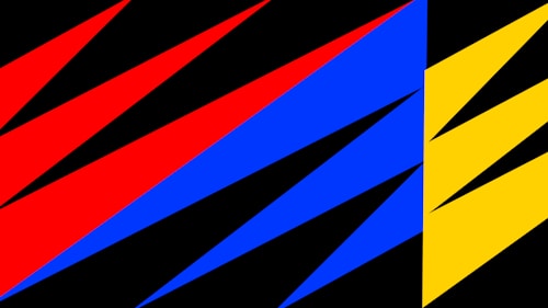 A graphic design composed of sharp, geometric shapes in vivid colors. Red, blue, and yellow triangles are layered over a black background, creating a dynamic and abstract pattern.
