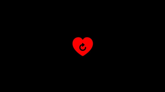A centered red heart icon against a black background with a circular arrow symbol inside the heart.