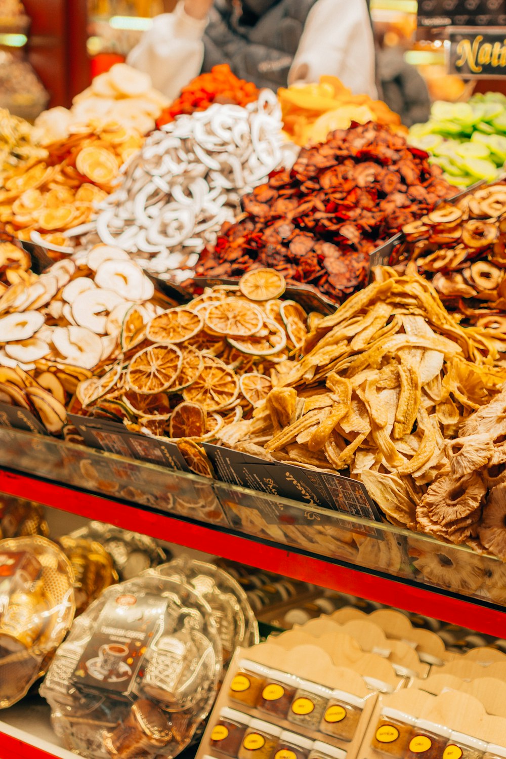 a display of different kinds of food