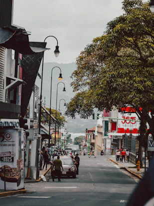 a street with people and buildings