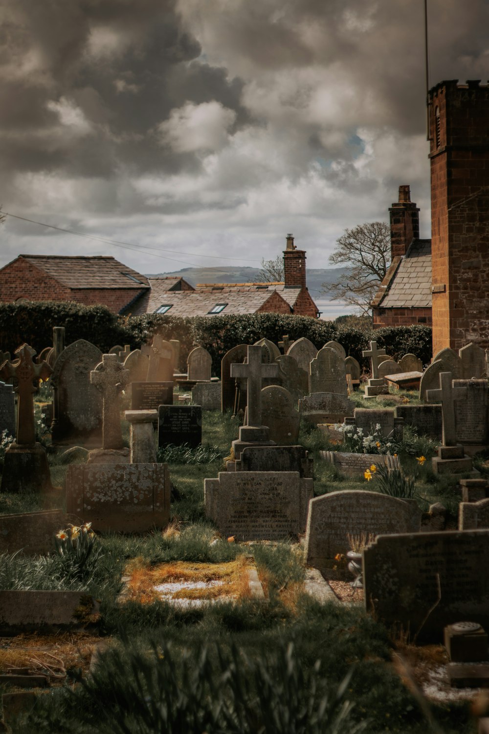 a cemetery with a stone structure