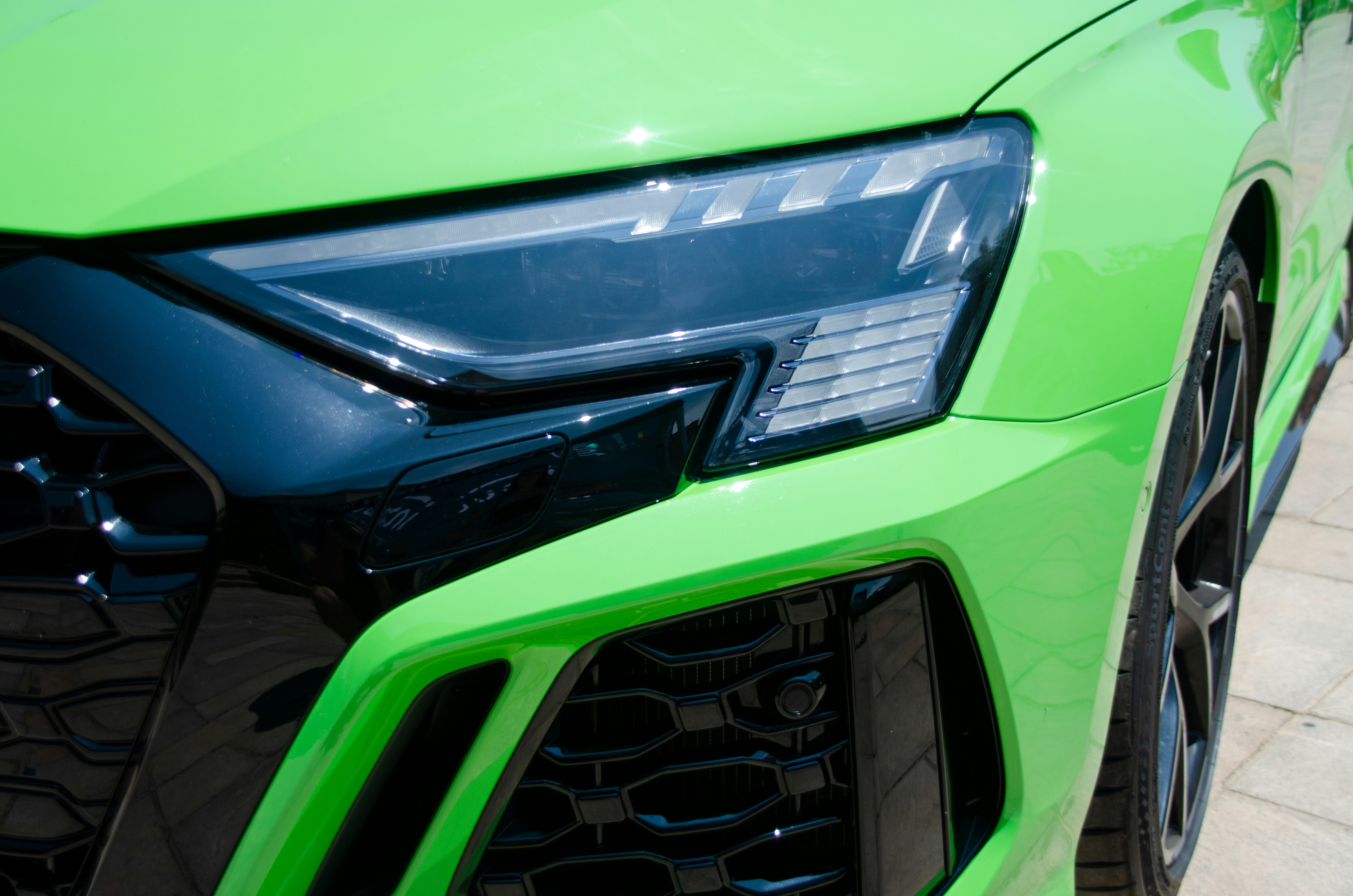 the front of a green car