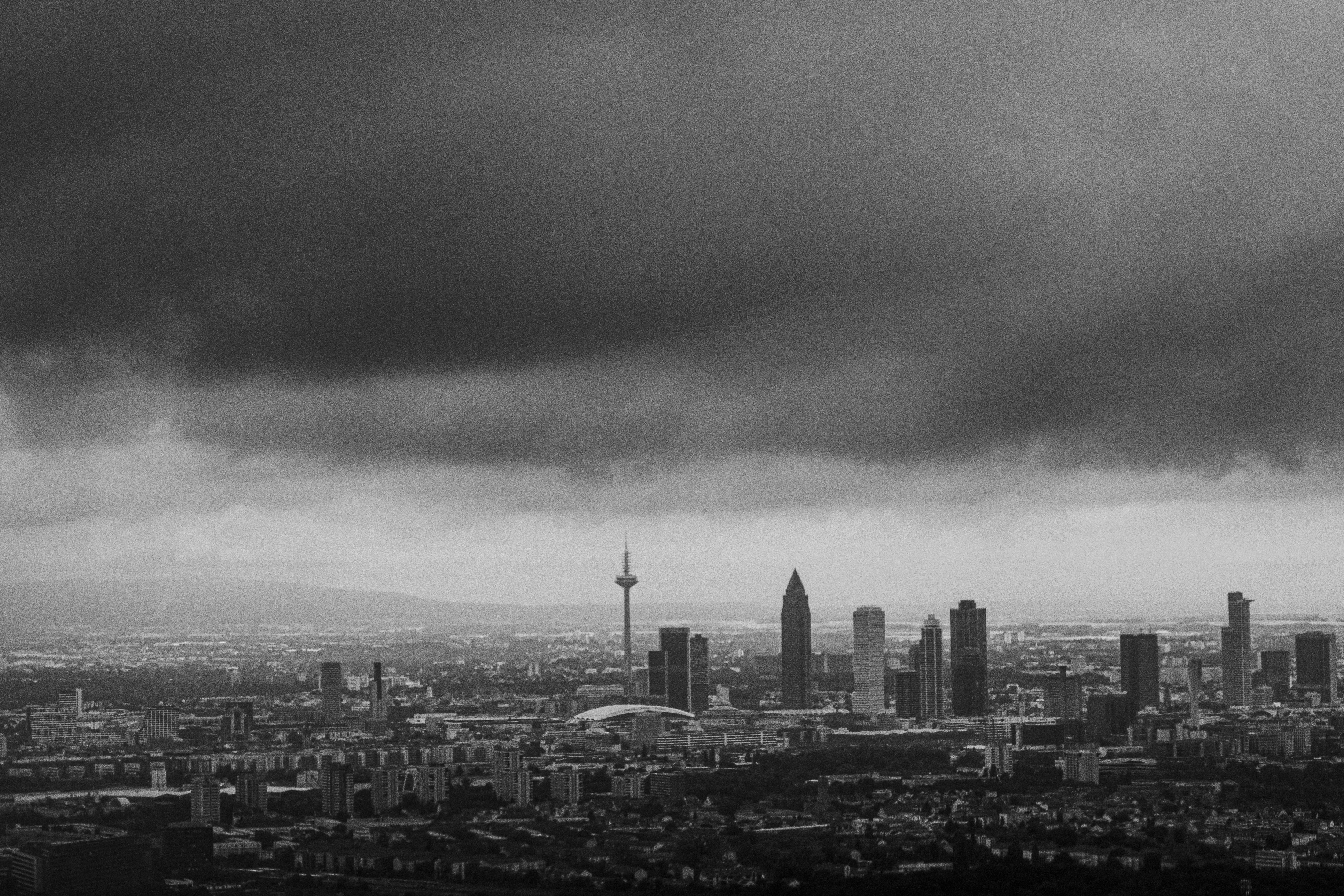 a city with a tower in the distance
