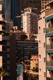 A cityscape featuring a dense arrangement of modern high-rise and mid-rise buildings. Architectural styles include glass exteriors and uniform balconies. Tall trees are interspersed among the structures, adding greenery to the urban setting. A prominently visible sign advertises an event called 'Monaco Auction Week'. The background showcases a mountain, indicating a coastal city.