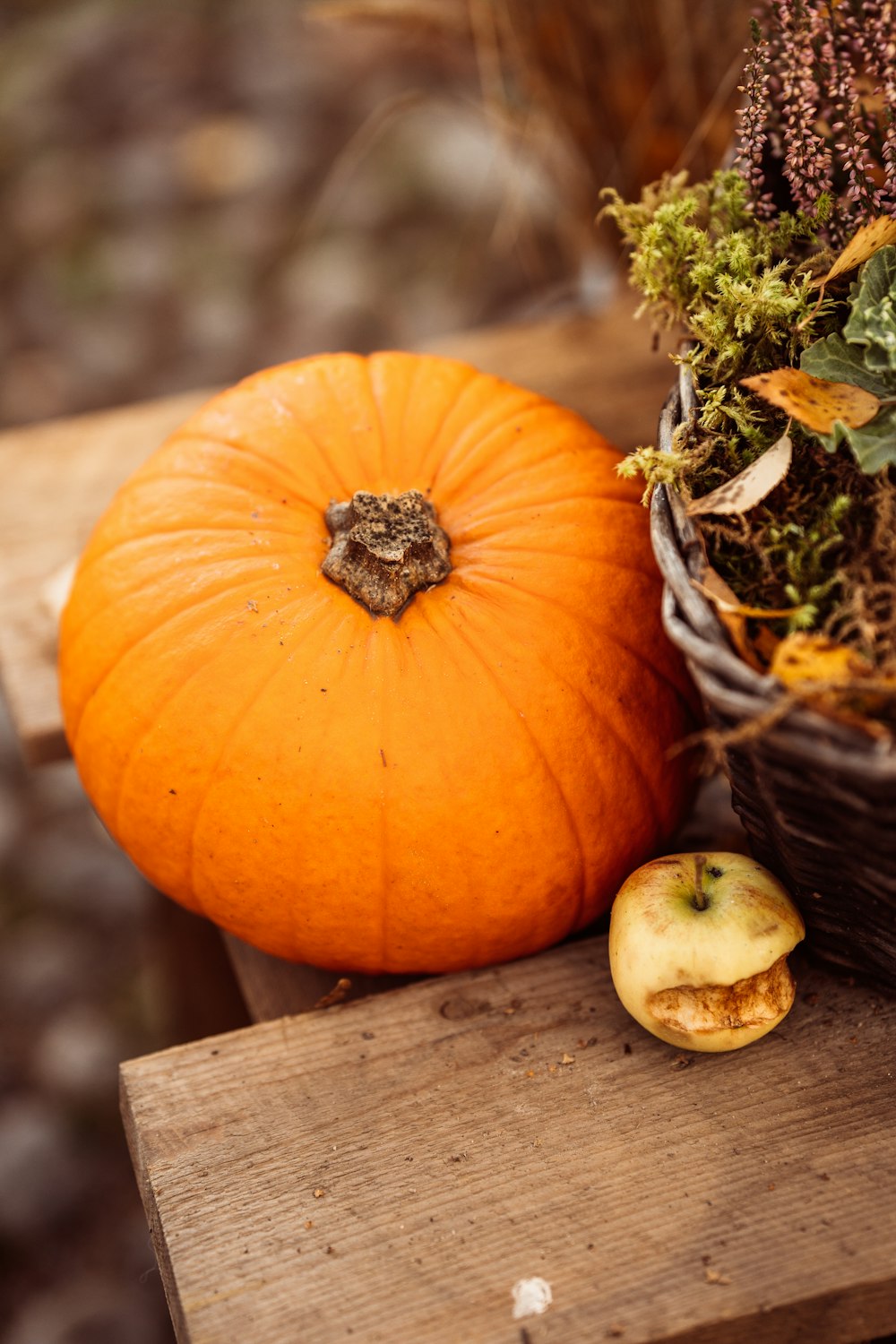 a pumpkin and a pear on a table