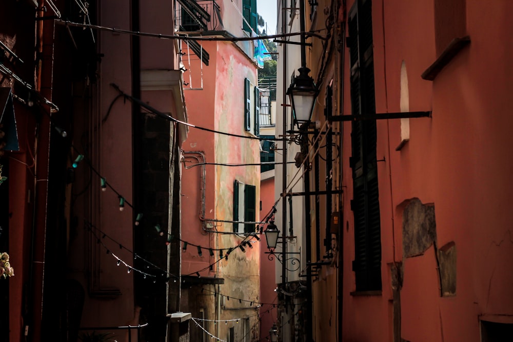 a street with a lamp and a brick building