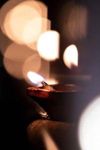 Warm diya lamps glowing softly against the temple’s carved stone walls at dusk.