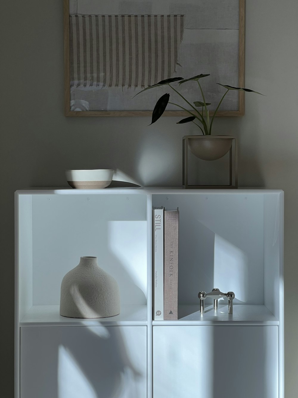 a white cabinet with a plant on top of it