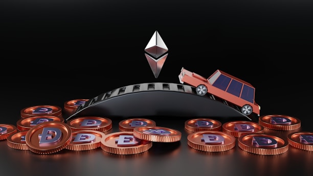 A small toy-like car is climbing up a curved, metallic surface. Below the curved surface are numerous copper-colored coins with the letter 'D' on them. Above the car, a geometric object resembling the Ethereum logo is floating.