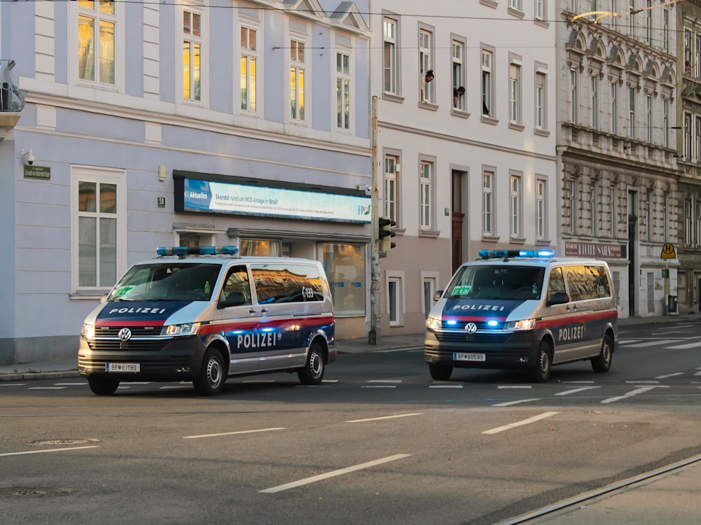 a couple of police cars on a street with buildings on either side