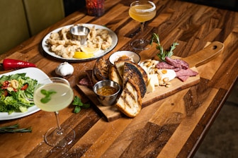 a table with food and drinks on it