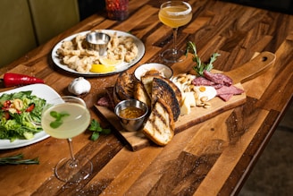a table with food and drinks on it