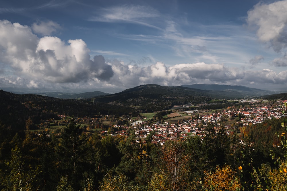 a landscape with trees and hills