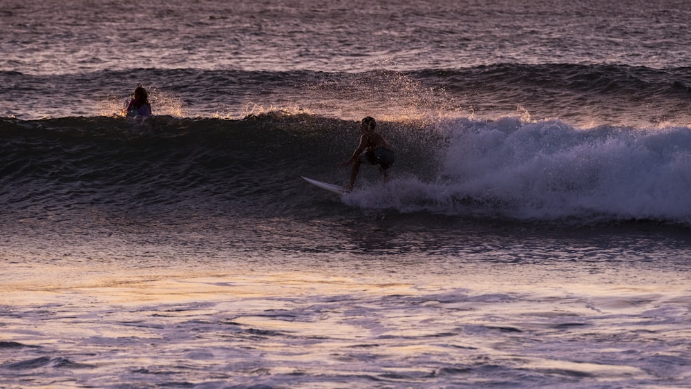 Un par de personas surfeando en el mar