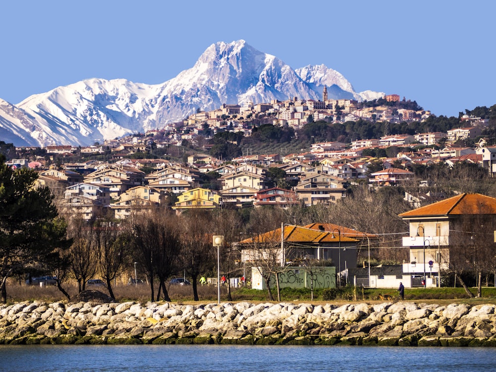 a town by a lake with a mountain in the background