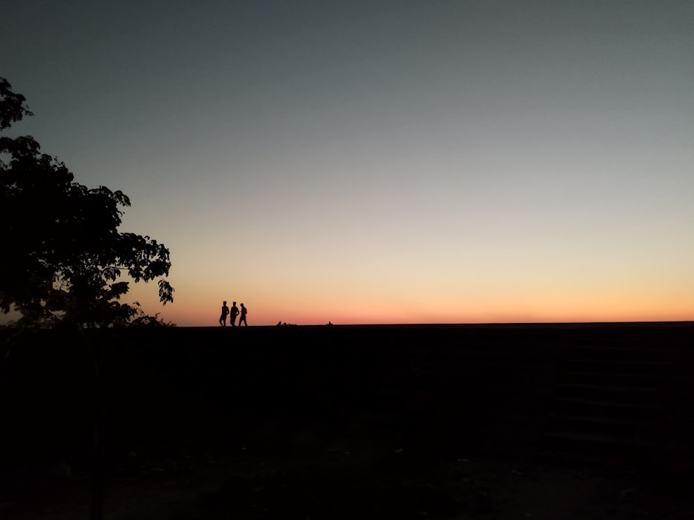 a group of people walking on a hill at sunset
