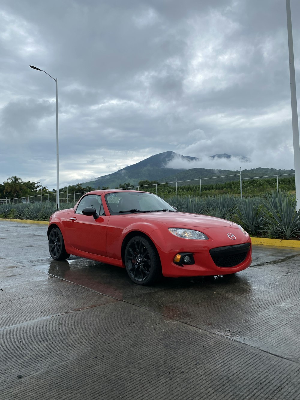 a red sports car parked on a wet road