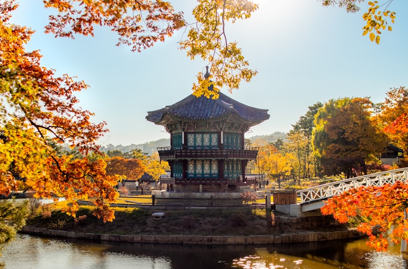 Korean pagoda surrounded by autumn trees