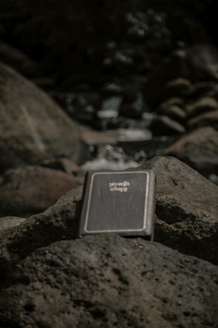 A worn leather-bound book resting on a mossy rock beside a sparkling mountain stream.