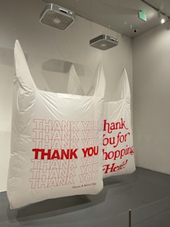 Large inflatable white bags are suspended from the ceiling in a room. The bags have printed messages in bold red letters, such as 'THANK YOU' and 'Thank You for Shopping Here!' The room's walls and ceiling are plain, and there are some ceiling fixtures visible.
