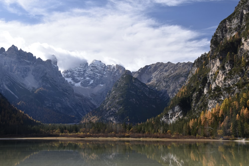 a lake with mountains in the background