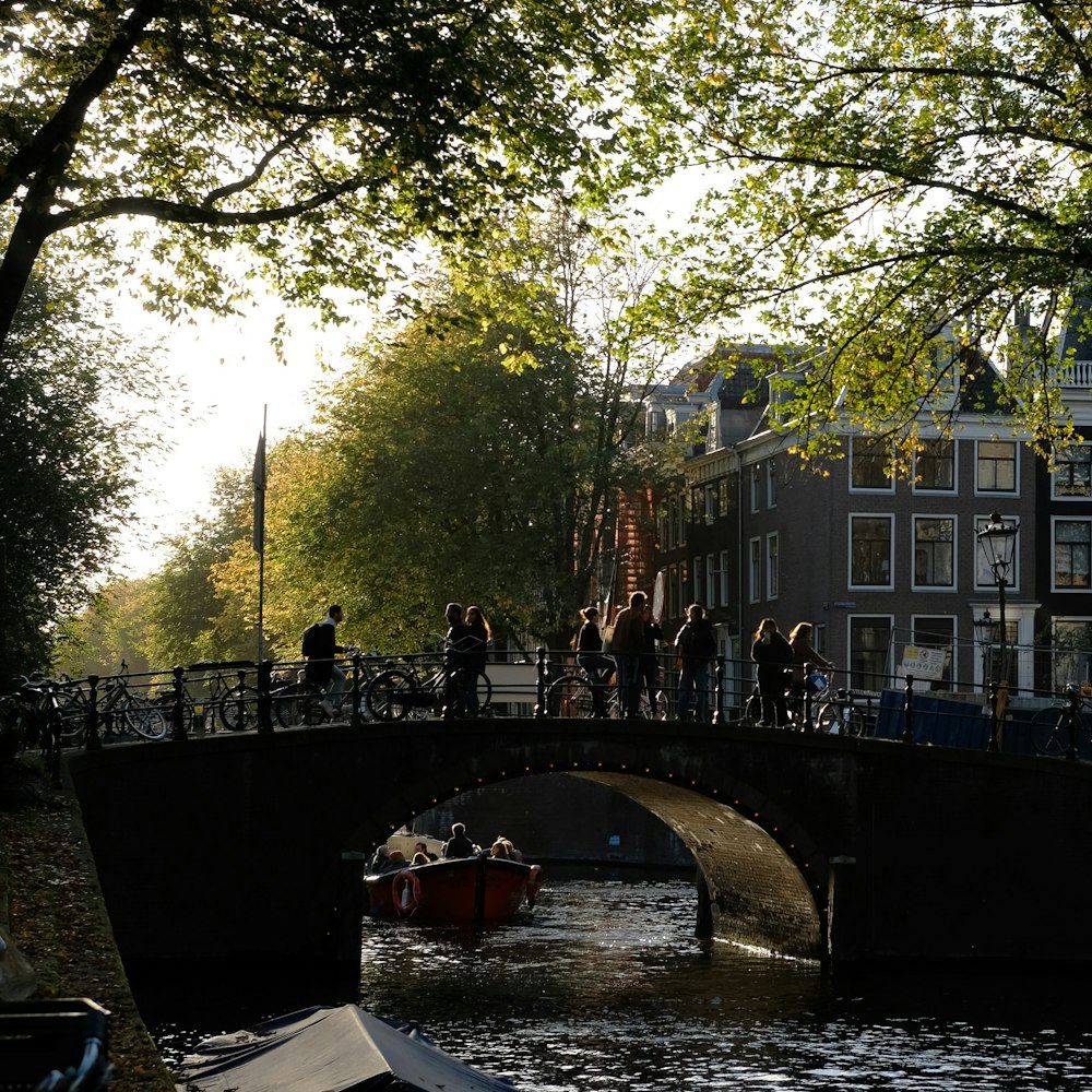 a bridge over a river with people walking on it