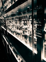 A well-lit shelf displaying an extensive collection of various liquor bottles organized neatly. The reflective surfaces create a mirrored effect, enhancing the visual richness. The black and white tone adds an elegant and timeless feel.