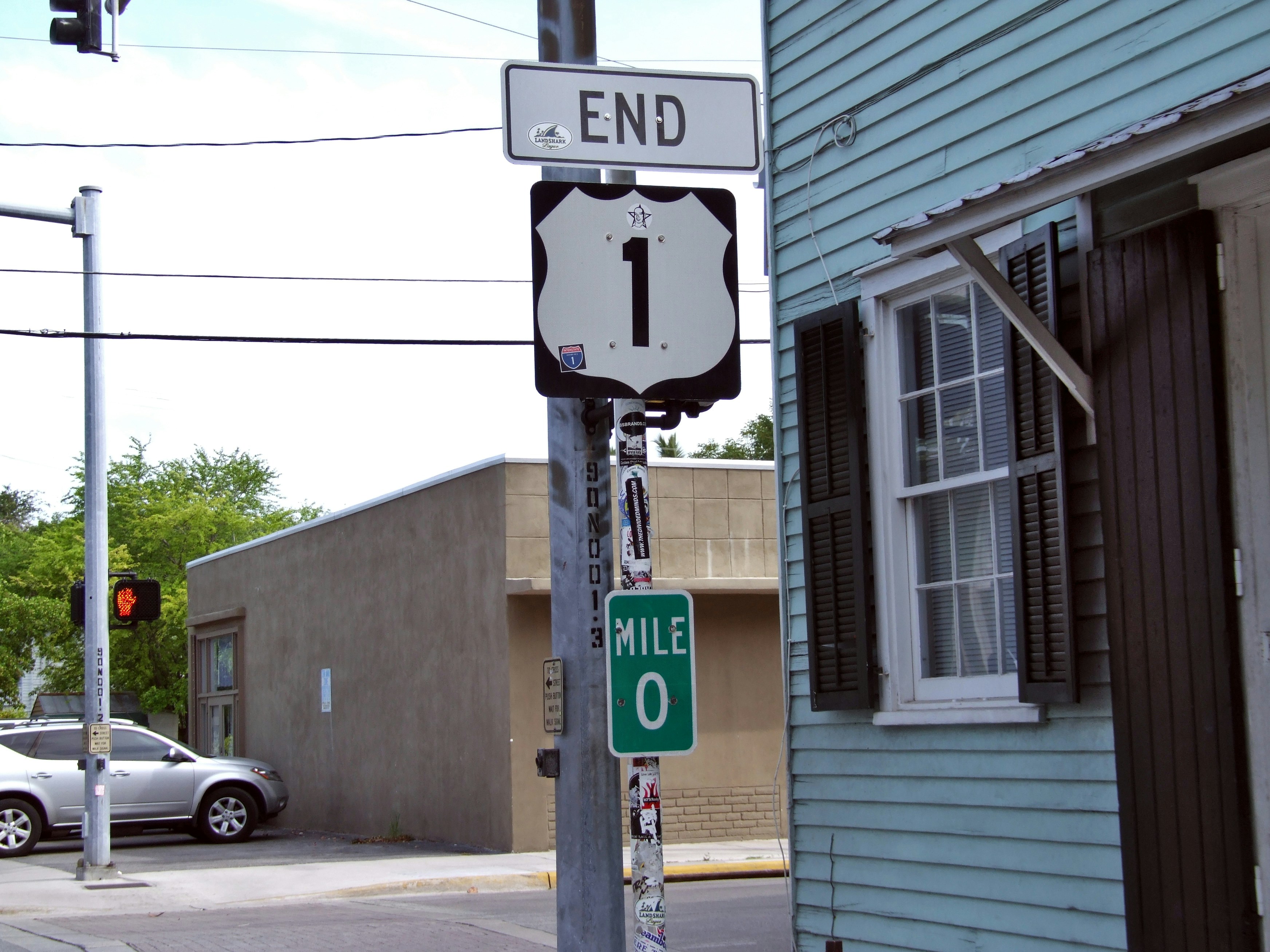 a street sign on a pole, Mile 0 on Highway No 1, Key West, Florida, July 2011