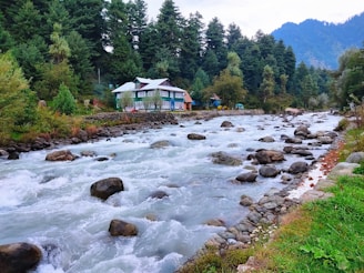 a river with a house in the background